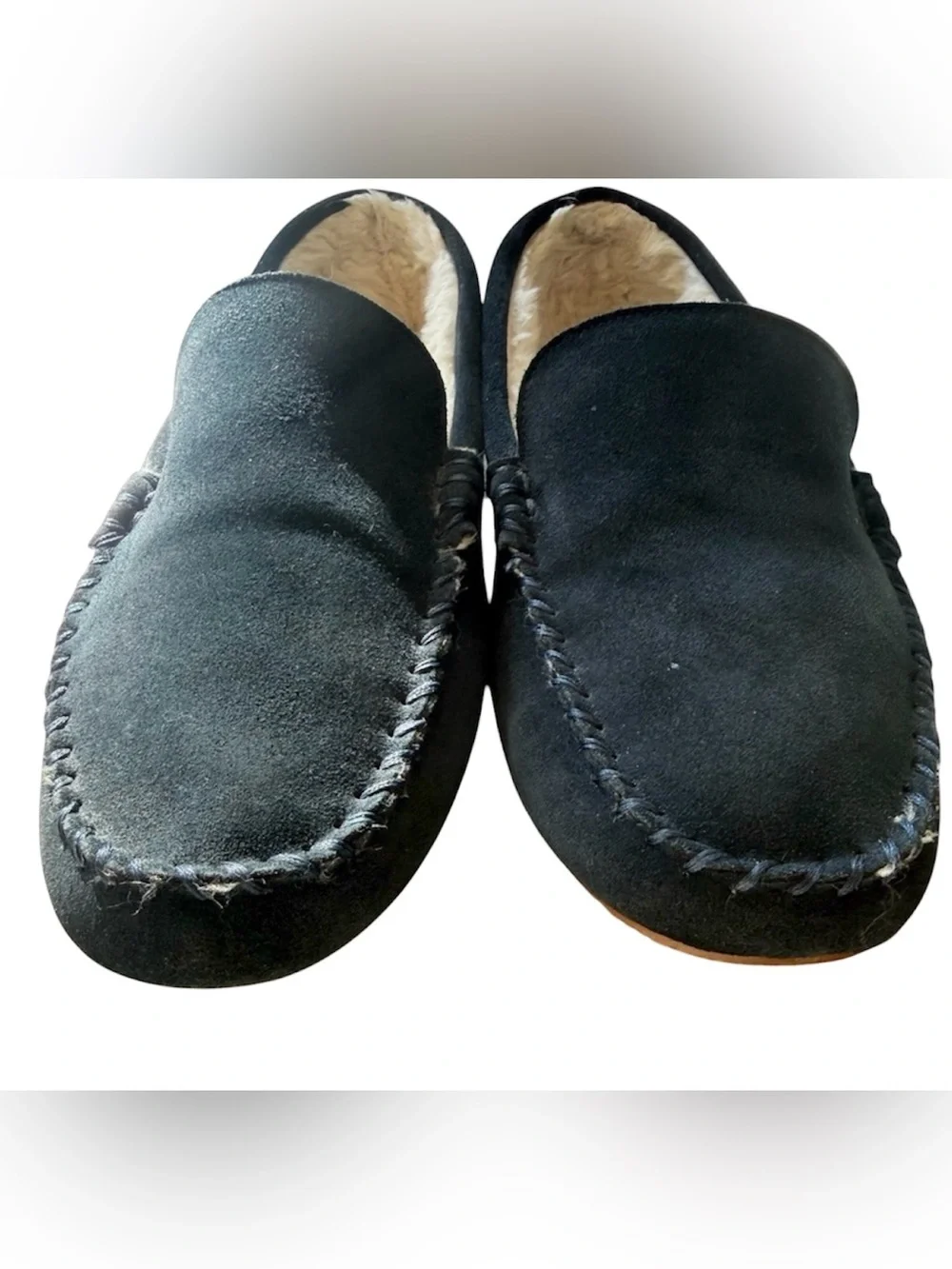 Men’s Lands' End Suede Moccasin Slippers Size 9 Navy Blue with Hard Soles